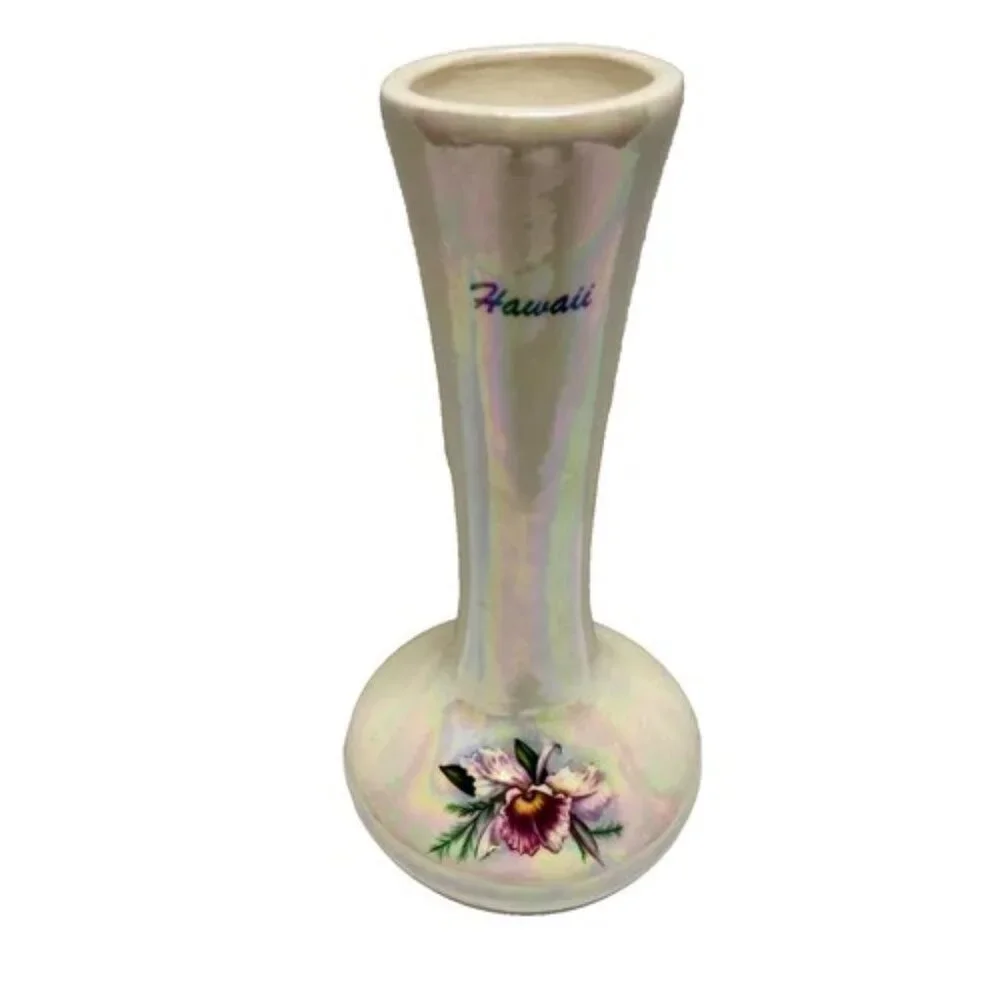 Hawaii Flower Vase Pearl Iridescent Ceramic Purple Hawaiin Iris‎ Orchid 7.5